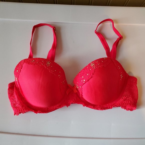 Victoria's Secret Dream Angels Coral Red Pink Lined Demi Lace Rhinestone Bra 32C - Picture 1 of 4